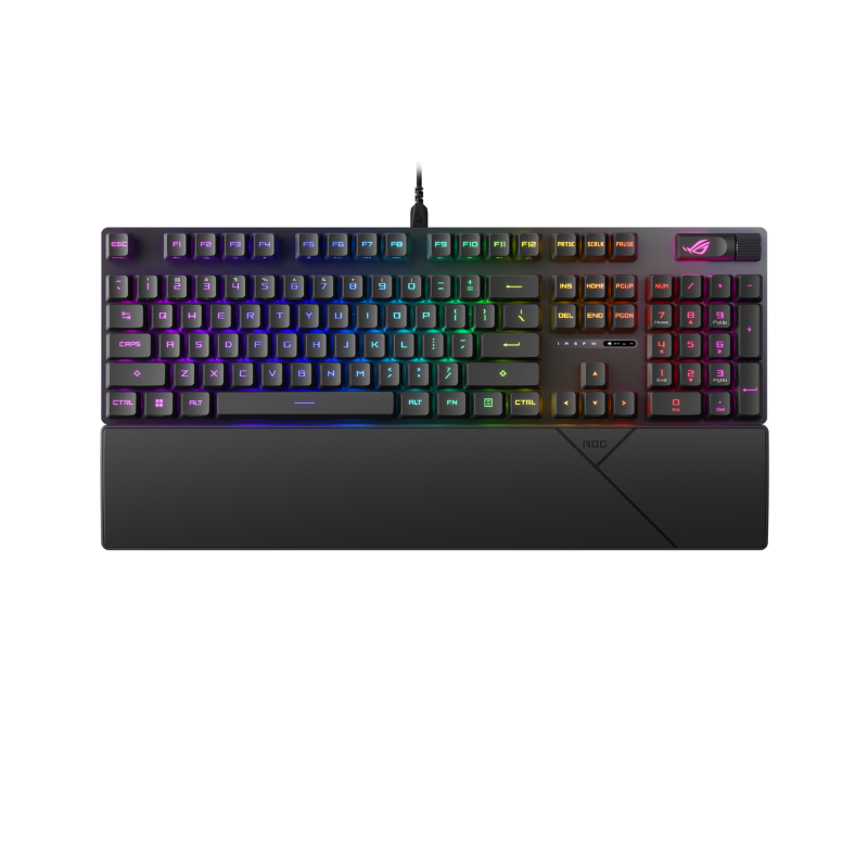 Asus ROG Strix Scope II RX Gaming Keyboard, ith pre-lubed ROG RX optical switches, IP57 waterproof protection, sound-dampening foam, PBT doubleshot keycaps or UV-coated ABS keycaps, streaming hotkeys, multi-function controls