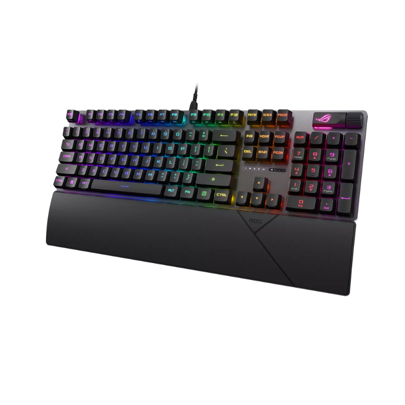 Asus ROG Strix Scope II RX Gaming Keyboard, ith pre-lubed ROG RX optical switches, IP57 waterproof protection, sound-dampening foam, PBT doubleshot keycaps or UV-coated ABS keycaps, streaming hotkeys, multi-function controls